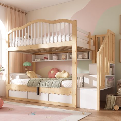 Etagenbett 90x200 Kinderbett mit Hydraulischem Stauraum - Holz Hochbett mit Sicherheitstreppe & Regal, Rausfallschutz, EN 747-1:2024 Zertifiziert, Weiß & Eiche, 252x98x170cm (1/5)