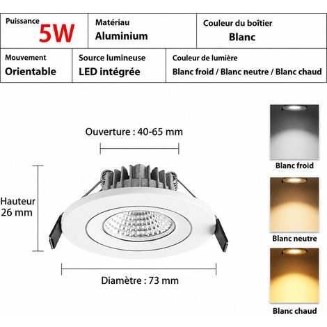 Mini spot LED encastrable 5W aluminium lumière neutre 4500K 4500k 80 × 90 × 80 cm 50 g – Livraison gratuite