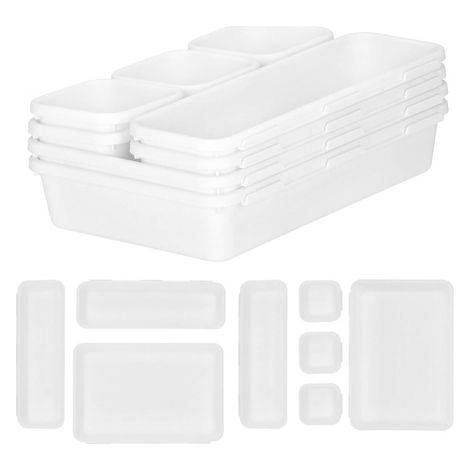 Organizzatore per il cassetto con 8 pezzi, inserto multifunzione, contenitore bianco.