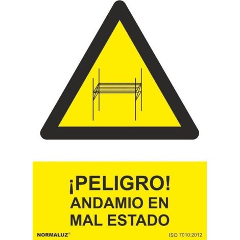 Señal ¡Peligro Andamio en mal estado, con tintas UV SEKURECO                         100 x 150 mm                          ADHESIVOS DE VINILO (1/2)