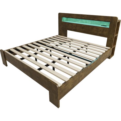 Letto in legno 180 x 200 cm con testiera contenitore, LED e prese, effetto vintage (1/5)