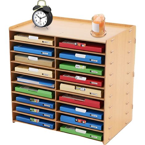 Organizador de archivos, material de roble dorado de alta densidad, 20,39 x 12,99 pulgadas, 18 compartimentos, 9 niveles, capacidad de carga de 8,82 libras por nivel. (1/5)