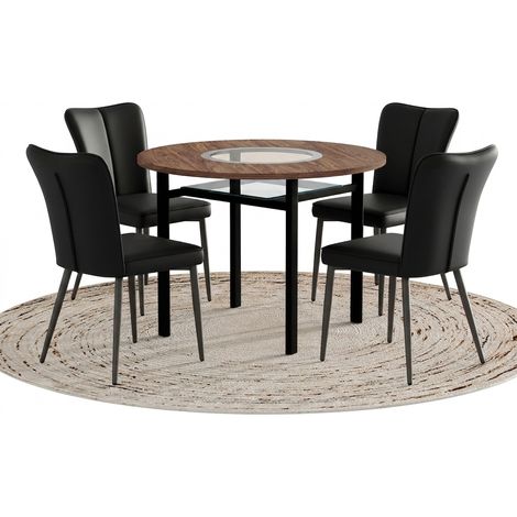 Ensemble table ronde et 2 chaises, table ronde effet noyer 60 cm, piètement central doré et sièges gris clair matelassés (1/5)