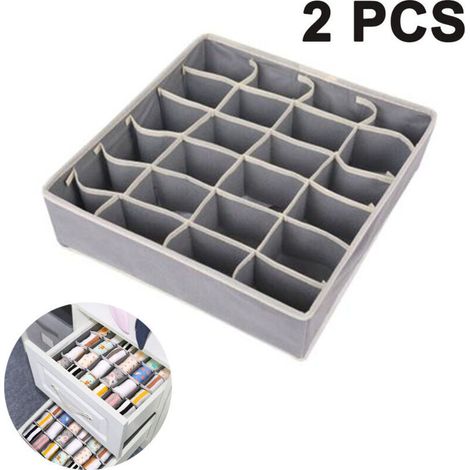 Lot de 2 boîtes de rangement pour sous-vêtements – 24 cellules pliables – Tissu non tissé gris – Dimensions 32 x 32 x 9,5 cm (1/5)