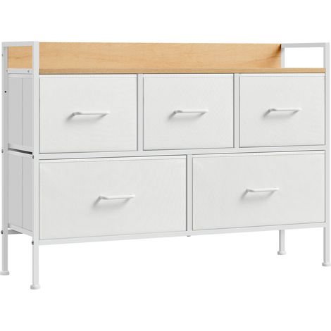 Songmics – Commode 5 tiroirs en tissu – Cadre en acier – Dimensions 98,2 x 29 x 70 cm – Blanc nuage et beige chêne – Kit anti-basculement inclus (1/5)
