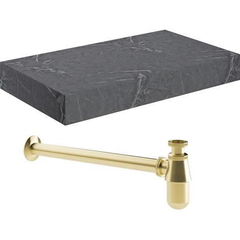 Signature Grove Wall Hung Basin Shelf with Brushed Brass Bottle Trap 800mm Wide - Grey Marble (1/2)
