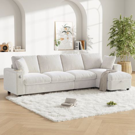 Canapé d’angle convertible en L avec méridienne réversible, 2 accoudoirs coffres, table escamotable, USB et USB-C, 2 porte-gobelets, chenille, Beige (1/5)