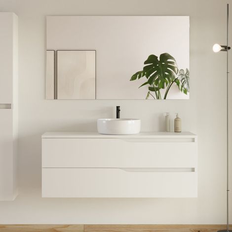 Meuble de salle de bain 120 avec plateau et vasque à poser - 2 tiroirs - blanc - LUNA (1/5)