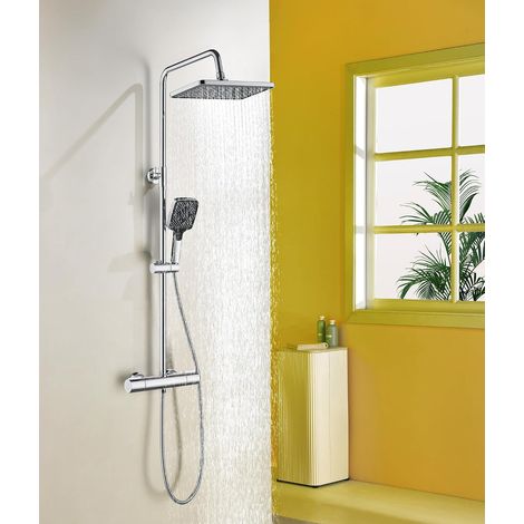 Colonne de Douche Thermostatique de Douche avec Mitigeu,Barre Réglable 88-125cm Ensemble de Douche Salle de Bain Douchettes 3 Jets Main Set Complet (Chrome) (1/5)