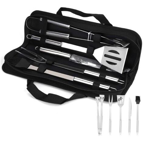 Ensemble de 5 ustensiles de barbecue en acier inoxydable avec pince fourchette grattoir brosse et sac de rangement