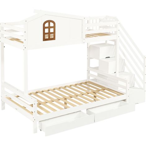 Litera infantil con 2 cajones, escalera esquinera y ventanas, blanco/natural, 90x200/120x200 (1/5)