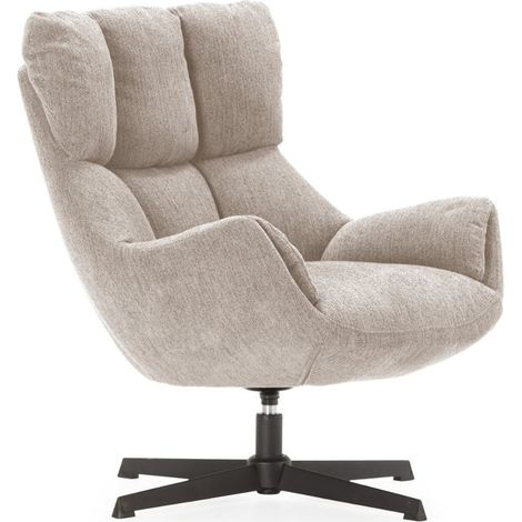 Fauteuil pivotant grand confort en tissu chenillé crème piètement métal laqué noir - LINETTE (1/5)