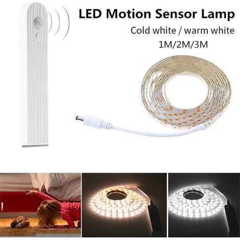 Bande LED sans fil avec détecteur de mouvement, alimentée par piles, veilleuse de 1 m, 2 m ou 3 m, pour placard, armoire, escalier ou couloir. (1/5)