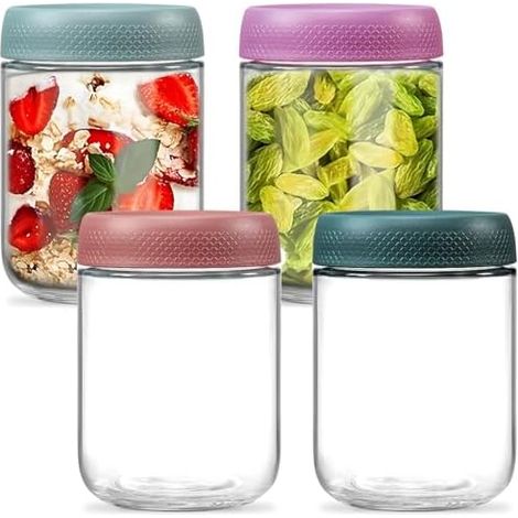Overnight Oats Jar 4 pièces Overnight Oat Verre 500ml Bocal en Verre Avec Couvercle Pot Yaourt Avoine en Verre pour Yaourts,Puddings,Confitures,Épices,Haricots (1/5)