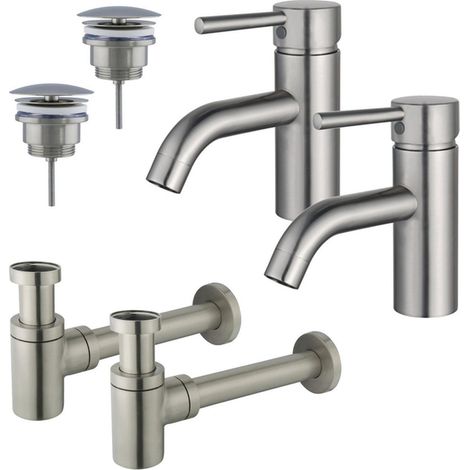 FugaFlow Eccelente Sobrado Kit robinet lavabo - pour double vasque - robinet bas - bonde non-obturable - siphon design bas - Inox brossé PVD (1/4)