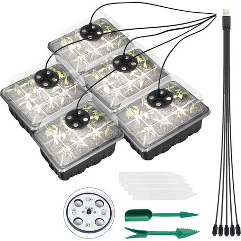5PCS Plant Seed Starter Tray With Grow Lights for Planting Seeds 60 Seedling Cells Organic Plant Starter Kit with 5 Labels 2 Transplanting Tool (1/5)