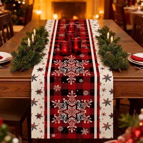 Chemin de Table Noël Flocons de Neige Rouge en Lin 183 cm x 33 cm, Moderne Nappe et Chemin de Table de Noël (1/5)