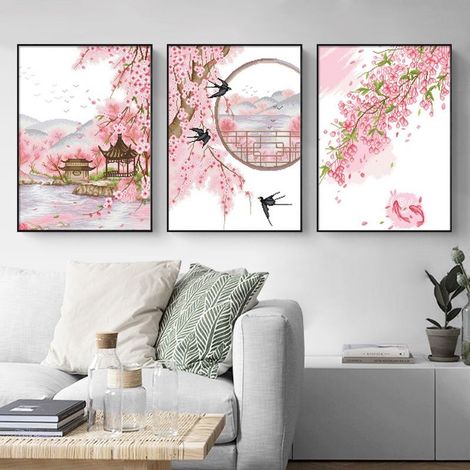 Peinture diamant « Dix mille fleurs de pêcher », broderie diamant complète, point de croix, 100 x 40 cm, 3 pièces (1/5)
