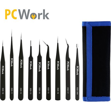 Set pinzette pcwork pcw08g sicuro ESD acciaio inox 9 pezzi