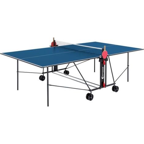 Table de ping pong compacte 16mm – Usage intérieur – Tubes en acier laqué 25mm – 4 roues multidirectionnelles – Coloris bleu et noir – Sponeta