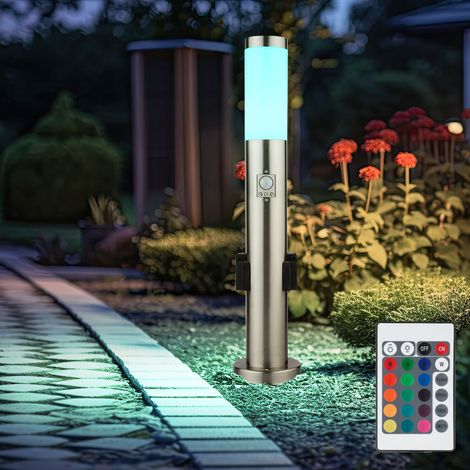 Stehlampe Garten dimmbar mit Fernbedienung Steckdosen Wegleuchte Außen mit Bewegungsmelder Sockelleuchte, Edelstahl, RGB LED 8,5W 806lm warmweiß, H 60cm