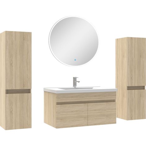 Ensemble meubles Salle de Bain simple vasque 80cm, colonnex2 + miroir rond Chêne Wotan (1/5)
