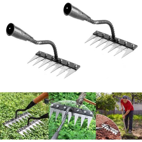 Râteau de jardin en acier au carbone à 7 dents, deux pièces, robuste, en métal, pour le jardinage et le désherbage. (1/5)
