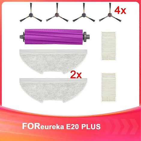 Pièces de rechange pour aspirateur robot E20 Plus : brosse en caoutchouc, brosses de nettoyage des bords, filtres HEPA, lingettes de nettoyage. (1/5)