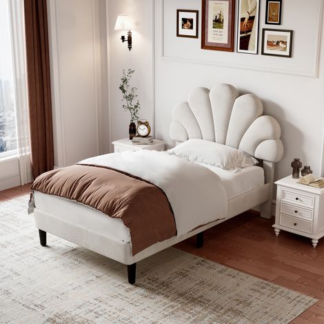 3ft Single Upholstered Velvet Bed Frame, with Adjustable Petal Headboard, Velvet, Beige