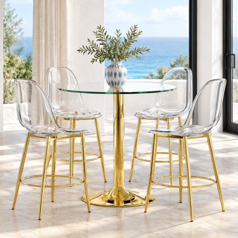 Ensemble table de bar ronde Ø 89 cm et 4 tabourets transparents avec repose-pieds, doré OKMYHOME (1/5)