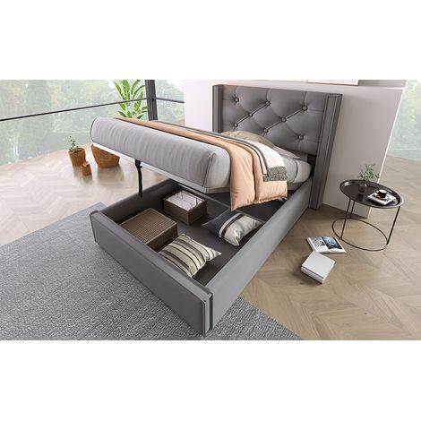 Lit individuel hydraulique 90x200 cm, cadre métallique, rangement intérieur. Matériau coton, couleur gris, design moderne. (1/5)