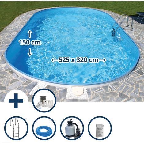 Stahlwandpool Set (10-teilig) tief oval Formentera 525x320x150 cm, Stahl 0,8mm weiß Folie 0,6mm blau (1/5)