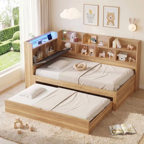 Letto per bambini 90x200 cm naturale in MDF con letto estraibile, LED, USB-C e vani portaoggetti (1/5)