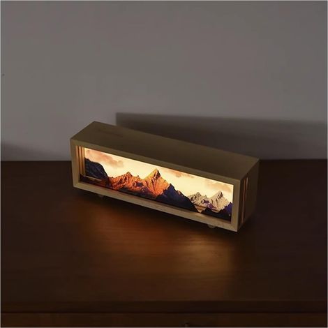 Lampe de table rectangulaire vintage en bois avec motif de montagne enneigée, veilleuse décorative USB (1/5)