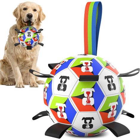 Ballon interactif pour chien (avec bandes antidérapantes), forme de football, convient aux chiens de taille moyenne à grande - Modèle Coupe du Monde, 15 cm de diamètre [Gonfleur inclus]