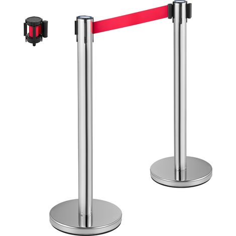 Mophorn Absperrpfosten für Menschenmengen, 6-teiliges Set, 2 m langer roter einziehbarer Gurt, stabile silberne Gummibasis, einfach zu montieren, ideal für Menschenmengenkontrolle und Veranstaltungen (1/5)