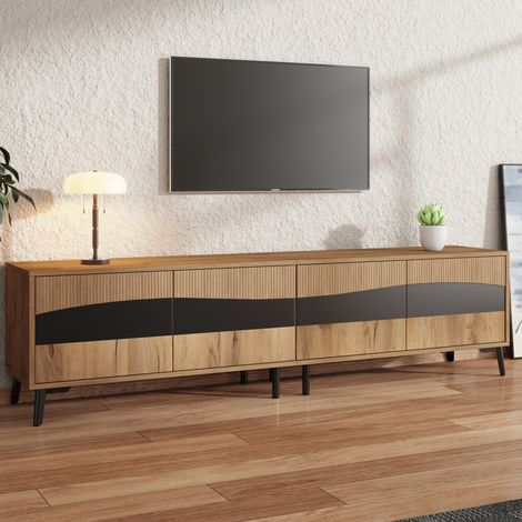 REDOM - Meuble TV 180x40x50 cm, 4 portes, grand rangement, design symétrique, panneau de particules, naturel et noir (1/5)