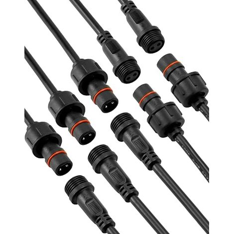 2 Pin IP65 Waterproof Electrical Connector with 16AWG 20cm Extension Cable for LED Light Strips, Solar Floodlights, Garden Spike Lights (5 Pairs) (1/5)