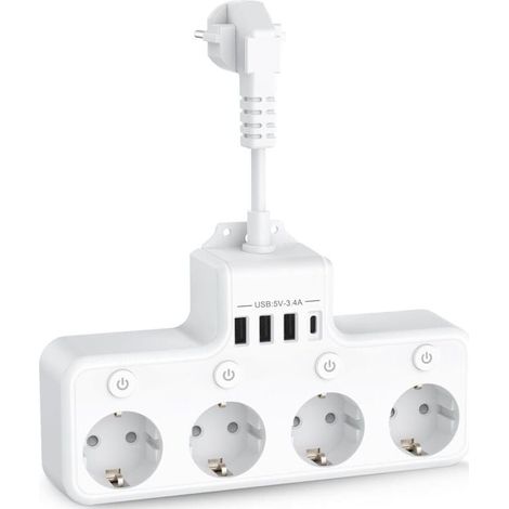 8 en 1 Multiprise USB 4 Prises avec 4 Ports USB Chargeur de Voyage (5V/3A,5V/2.4A) Multi Prise Multiple Electrique 3680W 16A avec 4 Interrupteur Individuel Multiple pour Maison, Bureau-Blanc (1/4)
