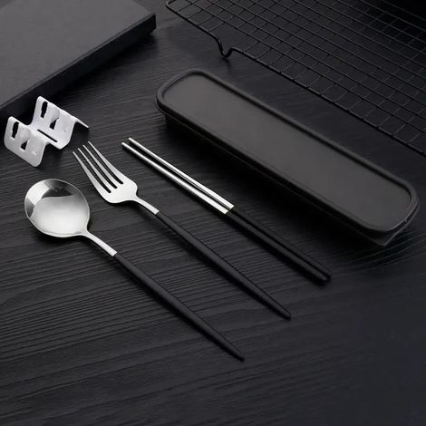 (Argent-noir) Couverts fins en acier inoxydable, comprenant des baguettes, des fourchettes et des cuillères. (1/5)