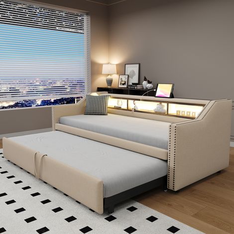 Bett Doppelbett platzsparend 90x190 180x190 Beige OKMYHOME (1/5)