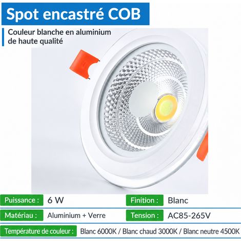 Spot LED encastrable COB rond panneau en verre 6W blanc 6000K 6w 98mm 75mm 6000k 150 g – Livraison gratuite