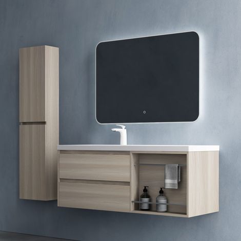 doporro Mobile Bagno sospeso 120x46x49cm, Mobiletto per Bagno con Lavabo Include Specchio LED, Marrone Chiaro, Seria Open