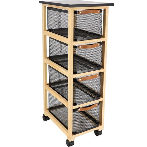 Meuble rectangulaire bois sur roulettes 4 paniers metal - noir/naturel - Tendance (1/5)