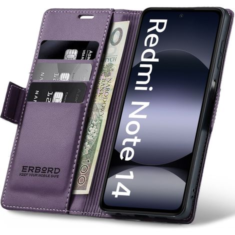 Funda para Xiaomi Redmi Note 14 5G, tipo cartera con tapa, diseño brillante de lichi, color morado. (1/5)