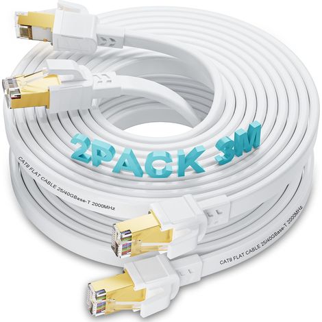 Cable Réseau 3m 2 Pièces, Rj45 Plat Cat 8 Cable Ethernet Haut Debit Fibre (1/5)