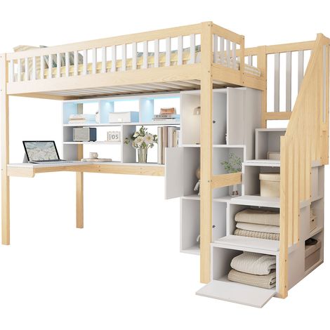 Lit mezzanine 90x200 cm avec LED, escalier de rangement, étagères, niches, bureau intégré, blanc et bois clair, sans matelas, pour chambre enfant – CHICFURN (1/5)