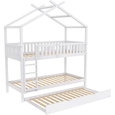 Letto casetta bambino 90x200 cm con 3 letti estraibili in pino bianco MODENUIT (1/5)
