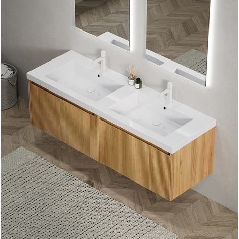 Meuble vasque mural 140 cm avec 2 lavabos rectangulaires en résine, 2 tiroirs, bois naturel (1/5)