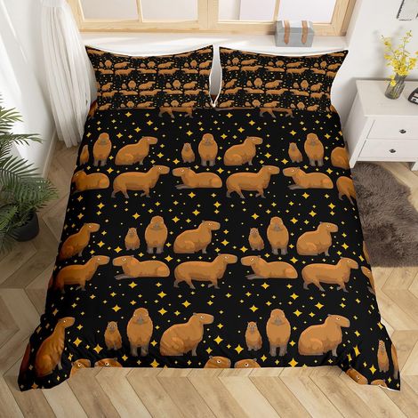 Parure de lit Capybara avec housse de couette 155 x 220 cm et 1 taie d'oreiller pour garçon Motif dessin animé Capybara Motif animal mignon ciel étoilé Marron/jaune/noir (1/5)